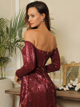 So Lavish Wine Red Sequin Bardot Double Split Maxi Dress - Fashion Genie Boutique