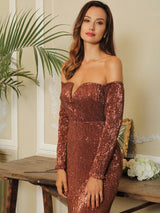 Oh So Fancy Bronze Bardot Sequin Long Sleeve Maxi Gown Dress - Fashion Genie Boutique