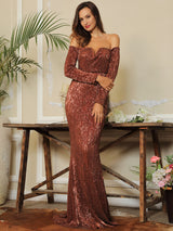 Oh So Fancy Bronze Bardot Sequin Long Sleeve Maxi Gown Dress - Fashion Genie Boutique
