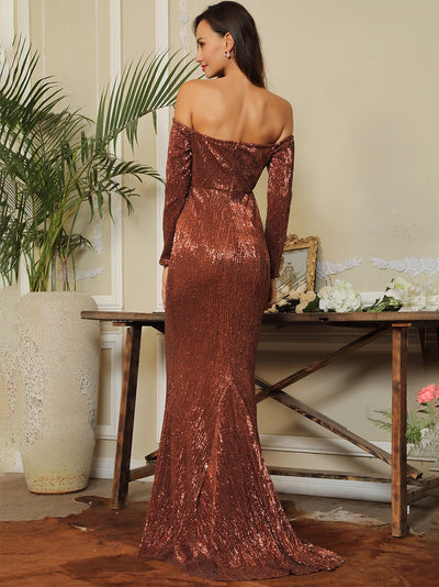 Oh So Fancy Bronze Bardot Sequin Long Sleeve Maxi Gown Dress - Fashion Genie Boutique
