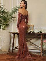 Oh So Fancy Bronze Bardot Sequin Long Sleeve Maxi Gown Dress - Fashion Genie Boutique