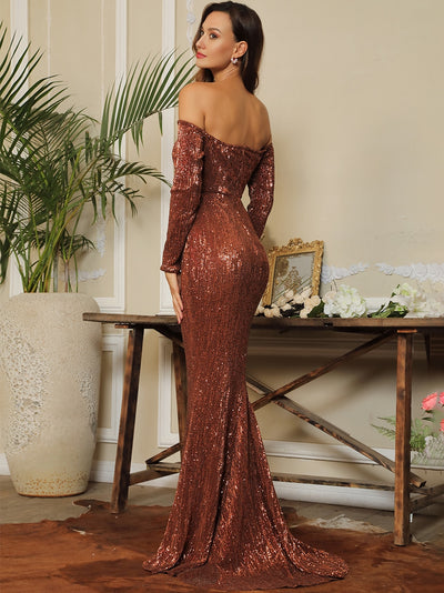 Oh So Fancy Bronze Bardot Sequin Long Sleeve Maxi Gown Dress - Fashion Genie Boutique