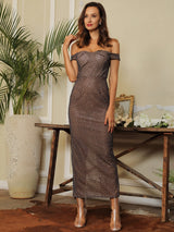 Beauty Queen Navy Bardot Glitter Embellished Midi Dress - Fashion Genie Boutique