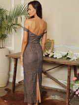 Beauty Queen Navy Bardot Glitter Embellished Midi Dress - Fashion Genie Boutique