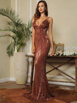 Icon Queen Brown Plunge Sequin Fishtail Dress - Fashion Genie Boutique