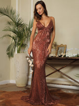 Icon Queen Brown Plunge Sequin Fishtail Dress - Fashion Genie Boutique