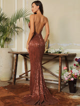 Icon Queen Brown Plunge Sequin Fishtail Dress - Fashion Genie Boutique