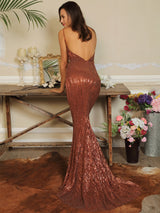 Icon Queen Brown Plunge Sequin Fishtail Dress - Fashion Genie Boutique