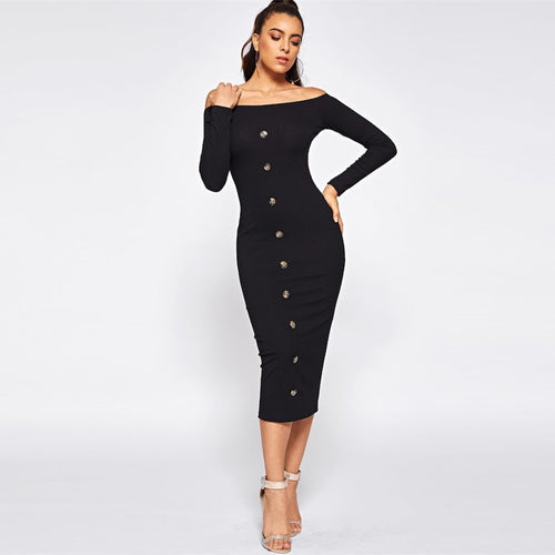 Baxter Black Bardot Long Sleeve Button Midi Dress - Fashion Genie Boutique