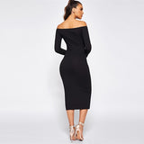 Baxter Black Bardot Long Sleeve Button Midi Dress - Fashion Genie Boutique