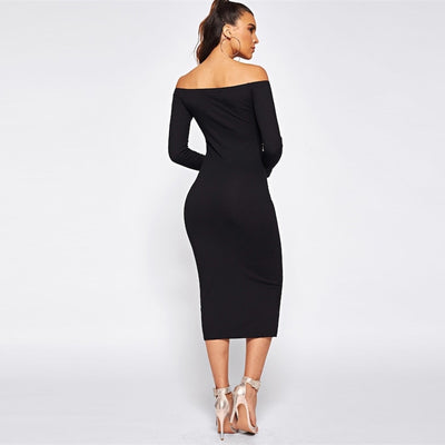 Baxter Black Bardot Long Sleeve Button Midi Dress - Fashion Genie Boutique