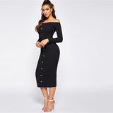 Baxter Black Bardot Long Sleeve Button Midi Dress - Fashion Genie Boutique