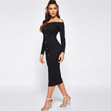 Baxter Black Bardot Long Sleeve Button Midi Dress - Fashion Genie Boutique