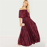 Dream Of You Burgundy Bardot Pleated Maxi Dress - Fashion Genie Boutique