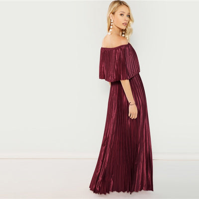 Dream Of You Burgundy Bardot Pleated Maxi Dress - Fashion Genie Boutique