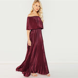 Dream Of You Burgundy Bardot Pleated Maxi Dress - Fashion Genie Boutique