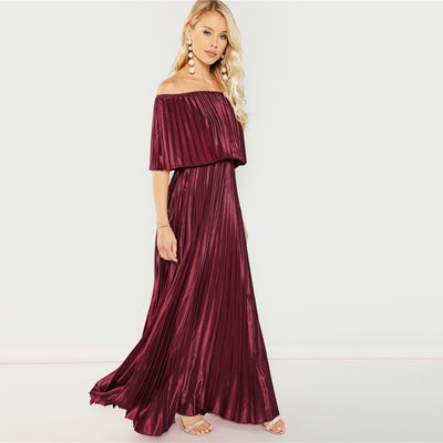 Dream Of You Burgundy Bardot Pleated Maxi Dress - Fashion Genie Boutique