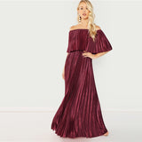 Dream Of You Burgundy Bardot Pleated Maxi Dress - Fashion Genie Boutique