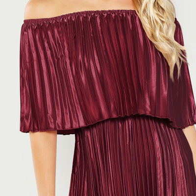 Dream Of You Burgundy Bardot Pleated Maxi Dress - Fashion Genie Boutique