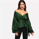 Daily Devotion Green Satin Long Sleeve Bardot Wrap Top - Fashion Genie Boutique