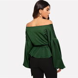 Daily Devotion Green Satin Long Sleeve Bardot Wrap Top - Fashion Genie Boutique