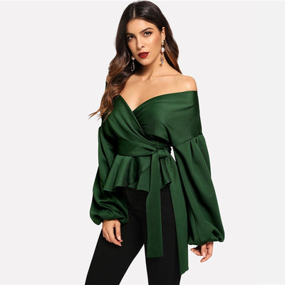Daily Devotion Green Satin Long Sleeve Bardot Wrap Top - Fashion Genie Boutique