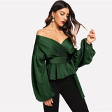 Daily Devotion Green Satin Long Sleeve Bardot Wrap Top - Fashion Genie Boutique