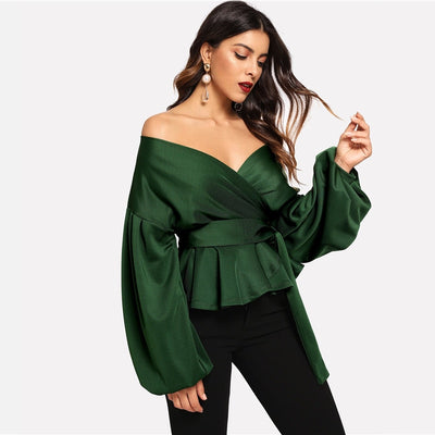 Daily Devotion Green Satin Long Sleeve Bardot Wrap Top - Fashion Genie Boutique