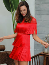 Shimmy Shake Red Mesh Panel Fringe Mini Dress - Fashion Genie Boutique