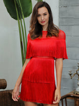 Shimmy Shake Red Mesh Panel Fringe Mini Dress - Fashion Genie Boutique