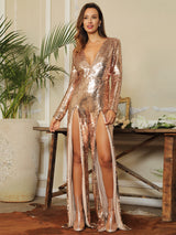 Not My Problem Gold Sequin Long Sleeve Double Split Jumpsuit - Fashion Genie Boutique