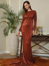 Never Enough Brown Sequin Long Sleeve Sleeve Maxi Fishtail Dress - Fashion Genie Boutique
