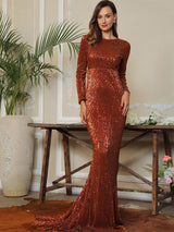 Never Enough Brown Sequin Long Sleeve Sleeve Maxi Fishtail Dress - Fashion Genie Boutique