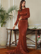 Never Enough Brown Sequin Long Sleeve Sleeve Maxi Fishtail Dress - Fashion Genie Boutique