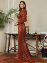 Never Enough Brown Sequin Long Sleeve Sleeve Maxi Fishtail Dress - Fashion Genie Boutique