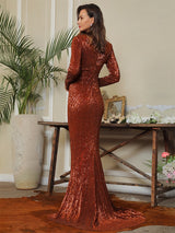 Never Enough Brown Sequin Long Sleeve Sleeve Maxi Fishtail Dress - Fashion Genie Boutique