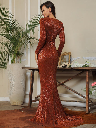 Never Enough Brown Sequin Long Sleeve Sleeve Maxi Fishtail Dress - Fashion Genie Boutique
