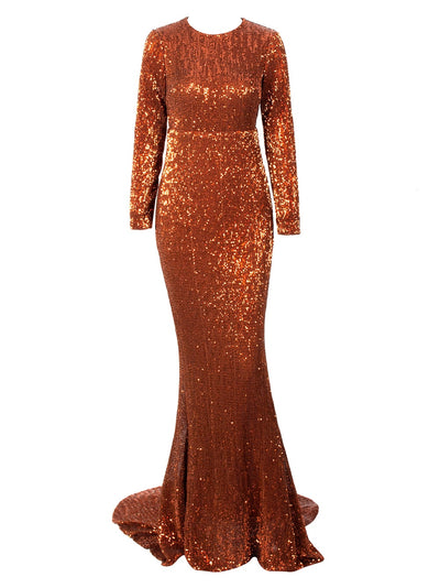 Never Enough Brown Sequin Long Sleeve Sleeve Maxi Fishtail Dress - Fashion Genie Boutique