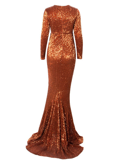 Never Enough Brown Sequin Long Sleeve Sleeve Maxi Fishtail Dress - Fashion Genie Boutique