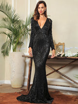 One True Love Black Long Sleeve Sequin Maxi Gown Dress - Fashion Genie Boutique