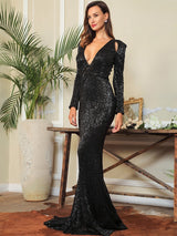 One True Love Black Long Sleeve Sequin Maxi Gown Dress - Fashion Genie Boutique