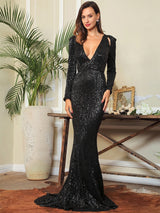 One True Love Black Long Sleeve Sequin Maxi Gown Dress - Fashion Genie Boutique