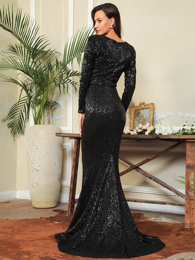 One True Love Black Long Sleeve Sequin Maxi Gown Dress - Fashion Genie Boutique