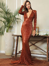 One True Love Brown Long Sleeve Sequin Maxi Gown Dress - Fashion Genie Boutique