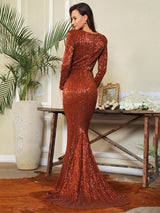 One True Love Brown Long Sleeve Sequin Maxi Gown Dress - Fashion Genie Boutique