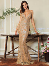 Movie Star Gold Plunge Glitter Maxi Fishtail Dress - Fashion Genie Boutique
