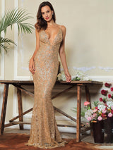 Movie Star Gold Plunge Glitter Maxi Fishtail Dress - Fashion Genie Boutique