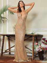 Movie Star Gold Plunge Glitter Maxi Fishtail Dress - Fashion Genie Boutique
