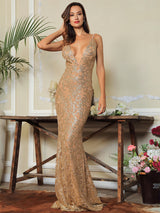 Movie Star Gold Plunge Glitter Maxi Fishtail Dress - Fashion Genie Boutique