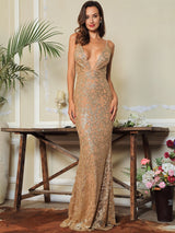 Movie Star Gold Plunge Glitter Maxi Fishtail Dress - Fashion Genie Boutique